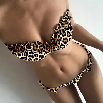 Nauja Seksuali Nėrinių Susiėmę bikini 2020 m. Moteris Bandeau maudymosi kostiumėlį Moterų maudymosi Kostiumėliai, Dviejų dalių, bikini nustatyti Liemenėlė puodelis Leopard Maudymosi kostiumas