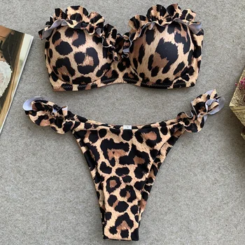 Nauja Seksuali Nėrinių Susiėmę bikini 2020 m. Moteris Bandeau maudymosi kostiumėlį Moterų maudymosi Kostiumėliai, Dviejų dalių, bikini nustatyti Liemenėlė puodelis Leopard Maudymosi kostiumas