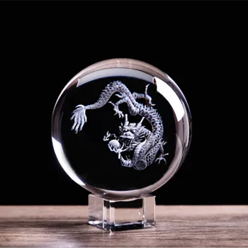 Kinų Zodiako Dragon Figūrėlės 3D Lazeriu Graviruotas Crystal Ball Sferoje Stiklo Rutuliukai Pasaulyje Feng Shui Namų Meno Kolekcines, Drakonai