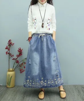 Vasarą su nauja joker skylių nuplauti džinsinio sijonai moterų elastinga juosmens ilgas sijonas mergina ragų siuvinėjimo gėlių prarasti didelis metrų