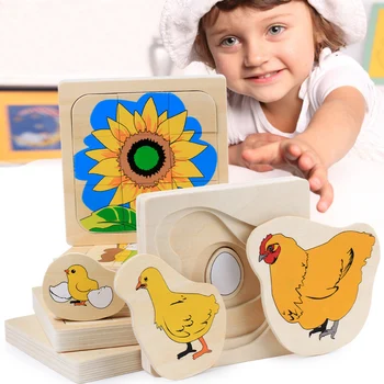 Mediniai Montessori Švietimo Žaislai, Dėlionės Vaikams Multi-layer Augimo Procesą Cartoon Pjūklelis Vištienos Auga Mokymosi Žaislas