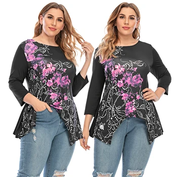Mados Rudens Moterų marškinėliai ilgomis Rankovėmis Atsitiktinis Palaidų Plius Dydis 5XL Apvalios Kaklo Gėlių Atspausdintas T-shirt Moterims, Nereguliarus Viršūnes 30