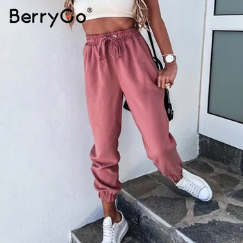 BerryGo vientisos spalvos nėrinių moterų sporto kelnės Moterims jogger prarasti haremo kelnės Namų drabužiai pink veikia sweatpants vasaros 2020 m.