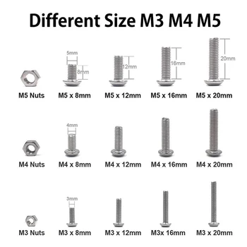 503Pcs M3 M4 M5 Nerūdijančio Plieno Mygtuką, Galvutė Šešiakampė Šešiakampis Varžtas Mašina Varžtų ir Veržlių Rinkinys
