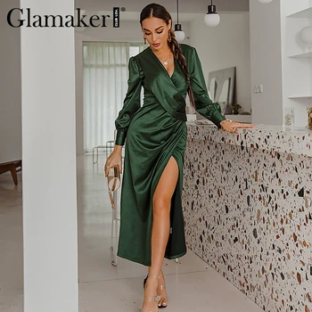 Glamaker Satino sexy v kaklo žaliųjų partijos suknelė Kalėdų vakarienė aukštos padalinta žiemos, rudens dress Moterų tvarstis elegantiška suknelė 2020 m.