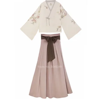 Naujas Kinijos Tradicinių Drabužių Hanfu Festivalis Streetwear Suknelė Gėlių Spausdinti Elegantiškas Liaudies Šokių Kostiumų Mados Viršuje, Sijonas Rinkinys