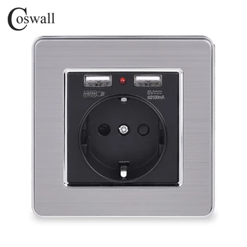 Coswall Dual USB Įkrovimo lizdas 5V 2.1 LED Indikatorius 16A Sienos ES Elektros kištukinis Lizdas, Nerūdijančio Plieno plokštė Aukso Pilka Juoda Balta