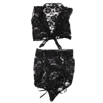 IKOKY Juoda Sleepwear Perspektyvos Nėrinių Lingerie Nustatyti Egzotiškų Drabužių Seksualus moteriškas apatinis Trikotažas, Sekso Kostiumas Apatiniai