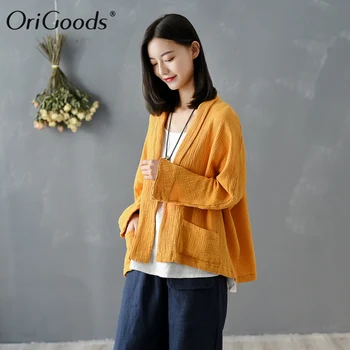 OriGoods Kimono stiliaus Palaidinė Moterims 2020 Naujas Vasaros Marškinėliai Plius dydis Medvilnės Palaidinė ilgomis rankovėmis Kimono Shirt, Derliaus Viršūnes C315