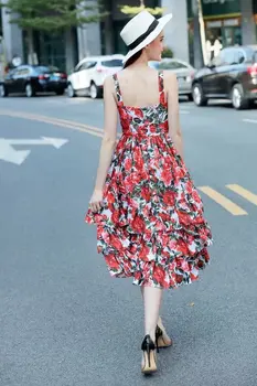 Seasixiang Ponios Resort Suknelės Moterų Elegantiškas Rožių Gėlių Spausdinti Midi Spageti Dirželis Sluoksnio Pyragas Šalis Suknelės