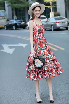 Seasixiang Ponios Resort Suknelės Moterų Elegantiškas Rožių Gėlių Spausdinti Midi Spageti Dirželis Sluoksnio Pyragas Šalis Suknelės