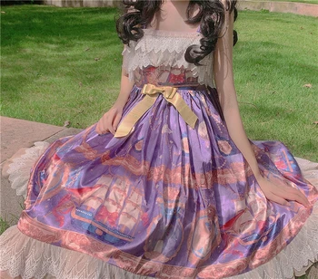 Japonijos Minkštas Girl Lolita Retro Spausdinti Saldus Nėrinių Susiėmę Diržas Jsk Suknelė Cos Kawaii Loli Vestidos Suknelė