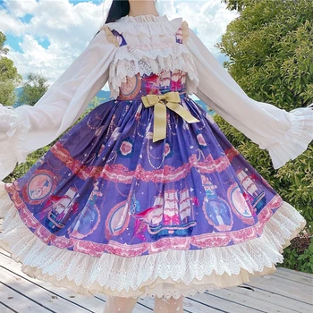 Japonijos Minkštas Girl Lolita Retro Spausdinti Saldus Nėrinių Susiėmę Diržas Jsk Suknelė Cos Kawaii Loli Vestidos Suknelė