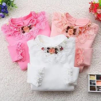 2021 m. Pavasarį, Rudenį Medvilnės Vaikų Base T Marškinėliai Kūdikių Mergaičių Drabužius ilgomis Rankovėmis Gėlių Atsitiktinis Marškinėliai Topai Vaikai Nėrinių marškinėliai
