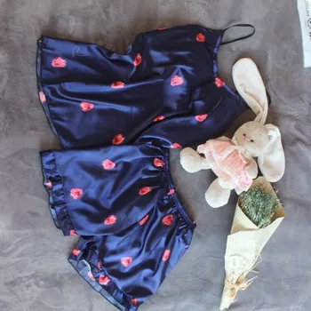 WAVMIT 2020 metų Vasaros Sleepwear Nustatyti Naujas Plonas Šilkinis Diržas Šortai Dee Seksualus Pajama Nustatyti Diržas Moterų Namų Audiniu Pižamos su Krūtinės Mygtukai