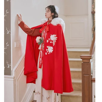 2020 Naujas Kinų Stiliaus Hanfu Apsiaustu, Moterų Žiemos Drabužių Plius Velvet Red Storas Šiltas Apsiaustas Kailis