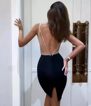 Aukštos Kokybės 2020 Nauji moteriški Juodi Sexy Rankovių Deimantų Grandinėje Backless Tvarstis Suknelė Bodycon Klubo Šalis Kelio Ilgio Suknelė