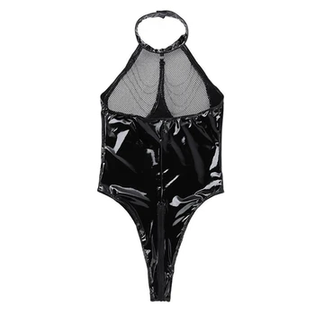 Vasaros 2020 Naujų UK Moterų Seksualus Juodas apatinis Trikotažas Wetlook PU Odos Catsuit Bodysuit Clubwear naktiniai drabužiai