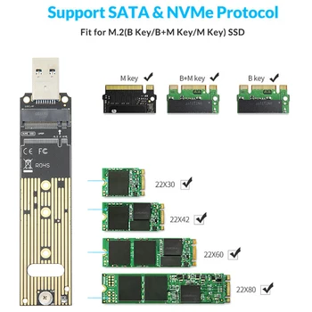 NVMe į USB Adapteris 10Gbps M. 2 M2 SSD į USB 3.1 Gen 2 Tipo Kortelės NGFF PCIe Pagrįstas Klavišą M Kietąjį Diską Keitiklį Skaitytuvas
