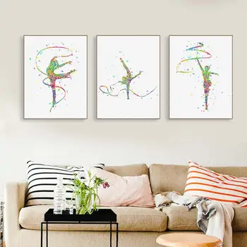Triptiką Šiuolaikinės Akvarelės Abstrakčiai Juostelės Gimnastika Menas Spausdinti Plakato Graži Mergina Kambario Sienos Nuotrauka Drobė Paintin Namų Deco