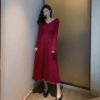 COIGARSAM Mezgimo Moterų suknelė su V-Kaklo Suknelės Raudona Juoda 2298