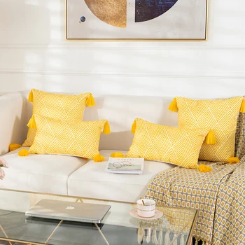 Geltonos spalvos Pagalvėlės Dangtis Geometrinis Drobės Medvilniniai Siuvinėjimo Pagalvę Padengti 45x45cm/30x50cm Dekoratyviniai pagalvių užvalkalai už Sofa-Lova, 2vnt