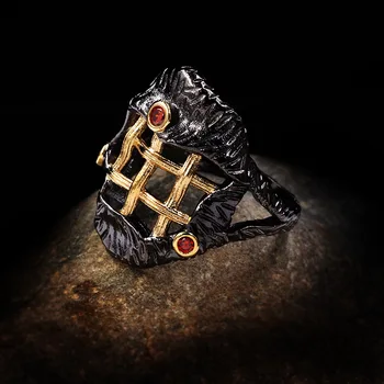 Išskirtinį ir Unikalų Ponios Gotikos Rubino Kryžiaus Linija Inkrustacijos Žiedas 925 Sidabro Juodojo Aukso Kokteilis Šalis Žiedas italijos Juvelyrikos