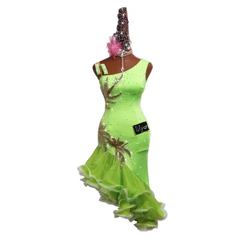 Lotynų Šokių Suknelė Lotynų Sijonas Konkurencijos Dress Kostiumai, Atliekanti Suknelės Blizgančių Cirkonio Pritaikyti Fluorescencinė Žalia Slim