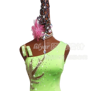 Lotynų Šokių Suknelė Lotynų Sijonas Konkurencijos Dress Kostiumai, Atliekanti Suknelės Blizgančių Cirkonio Pritaikyti Fluorescencinė Žalia Slim