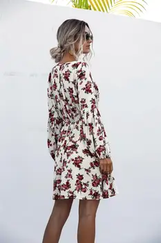 Moterų Derliaus Gėlių Spausdinti Linijos Šalis Suknelė su v-Kaklo, Žibintų ilgomis Rankovėmis Suknelė Elegantiškas Aukšto Juosmens Mini Suknelė 2020 M. Rudens Pradžioje