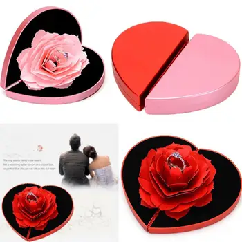 Žiedas širdelės formos langelis sukasi išaugo gėlė, žiedas lange 3D pop-up rožės žiedas lauke vestuvės vestuvinis papuošalų laikymo dėžutė atveju 20D27