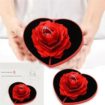 Žiedas širdelės formos langelis sukasi išaugo gėlė, žiedas lange 3D pop-up rožės žiedas lauke vestuvės vestuvinis papuošalų laikymo dėžutė atveju 20D27
