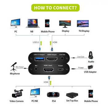 KuWFi 4K Vaizdo įrašymo USB3.0 USB Video Capture Card Dongle Žaidimas Streaming Live Stream Transliacijos su MICinput