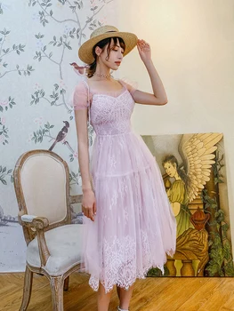 Vasaros Suknelė Moterims Derliaus Elegantiškas Plonas Saldus Tinklelio Suknelė Retro Korėjos Siuvinėjimo Atsitiktinis Midi Nėrinių Suknelės Kasdien Ilga Suknelė