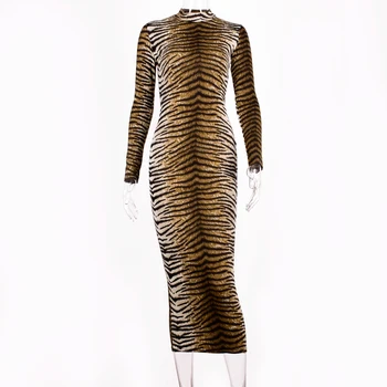 2021 Seksualus Klubas Bodycon Leopard Suknelė 3D Tigras Spausdinti Juoktis Klubas Suknelės ilgomis Rankovėmis Slim Šalies Streetwear Vidurio blauzdos Suknelė