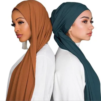 Raukšlių skarelė hijabs Arabų chaki šalikas Madinga moterų musulmonų jersey minkštas šalikas femme Islamo skaros soild galvos apdangalą