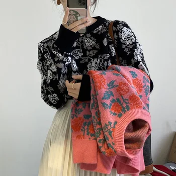 2020 Naujas Vintage Stiliaus Tingus Vėjas Angoros Triušio Kailio Džemperis Moterims Šviesą Gėlės, O Kaklo Kamšalu Puloveris Viršūnes Mados Moterų
