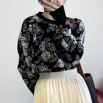 2020 Naujas Vintage Stiliaus Tingus Vėjas Angoros Triušio Kailio Džemperis Moterims Šviesą Gėlės, O Kaklo Kamšalu Puloveris Viršūnes Mados Moterų