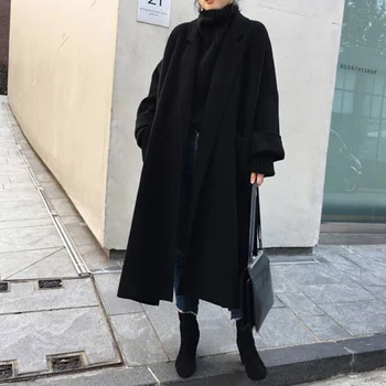 Korėjos Mados Diržas Moterims, Ilgai Kašmyro Paltai Hepburn Prarasti Office Lady Moterų Vilnonių Striukės Kišenės Elegantiškas Moteris Outwear