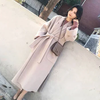 Korėjos Mados Diržas Moterims, Ilgai Kašmyro Paltai Hepburn Prarasti Office Lady Moterų Vilnonių Striukės Kišenės Elegantiškas Moteris Outwear