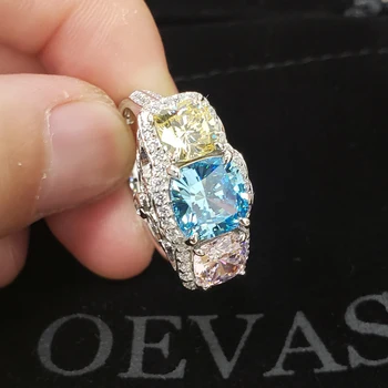 OEVAS 925 Sterlingas Sidabro Putojantis Akvamarinas yra didelių Anglies, Deimantų Žiedai Moterų Dalyvavimas Vestuves Fine Jewelry