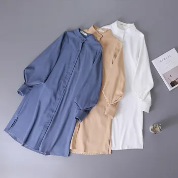 Ilgai Žibintų Rankovėmis Palaidinė Korėjos Tingus Oaf Stiliaus Marškinėliai Moterims Pavasario Rudens Stovėti Apykaklės Vieną Krūtinėmis Ritininės Ilgai Marškinėliai Balti