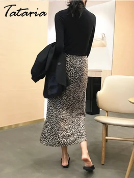 Tataria Derliaus Leopardas Spausdinti Sijonas su Aukštos Juosmens Moterų Atsitiktinis Šalies Sijonas Punk Streetwear Stiliaus Elastinga Juosmens Midi Sijonas