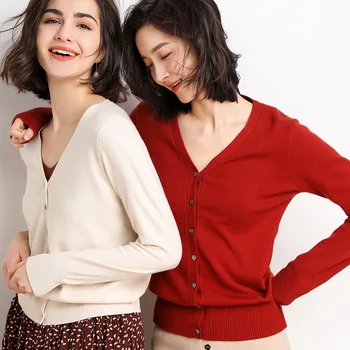 Moterų Megzti Džemperis Cardigan Korėjos Stiliaus V Kaklo Rudenį Ilgomis Rankovėmis Kailis Moterų Raudona Juoda Laukinių Ponios Drabužiai Minimali