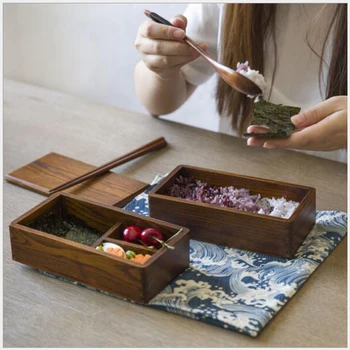 Suši Bento Box Japonų Stiliaus Medieną DVIGUBO SLUOKSNIO Maisto Konteinerį