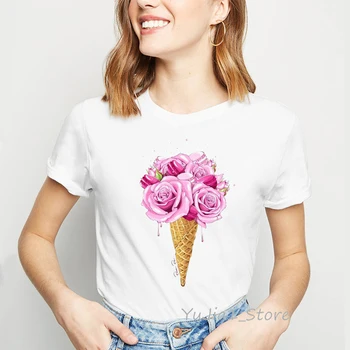 Rožinės gėlės ledų, print t-shirt moterims marškinėlius viršuje harajuku kawaii drabužius 90s tumblr marškinėliai moterims marškinėliai atsitiktinis balta pagrindinės