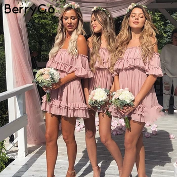 BerryGo Moterų suknelės, pynimas plisuotos šifono suknelė vasaros Off peties nėrinių mini suknelės ponios Holiday beach prarasti mini suknelė