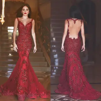 Arabų Bordo Iliuzija Atgal Vakaro Suknelės Undinė Raudona Prom Chalatai Blizgančiais Brangioji Nėrinių Aplikacijos Dubajus Oficialią Šalies Chalatai