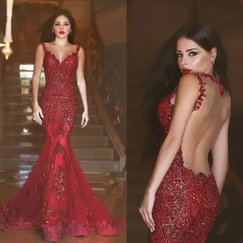 Arabų Bordo Iliuzija Atgal Vakaro Suknelės Undinė Raudona Prom Chalatai Blizgančiais Brangioji Nėrinių Aplikacijos Dubajus Oficialią Šalies Chalatai