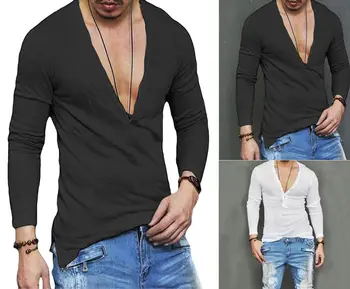 JAV Akcijų Vyrų Mados Atsitiktinis ilgomis Rankovėmis Slim Fit Deep V-kaklo, Seksualus, Marškinėliai T-shirts